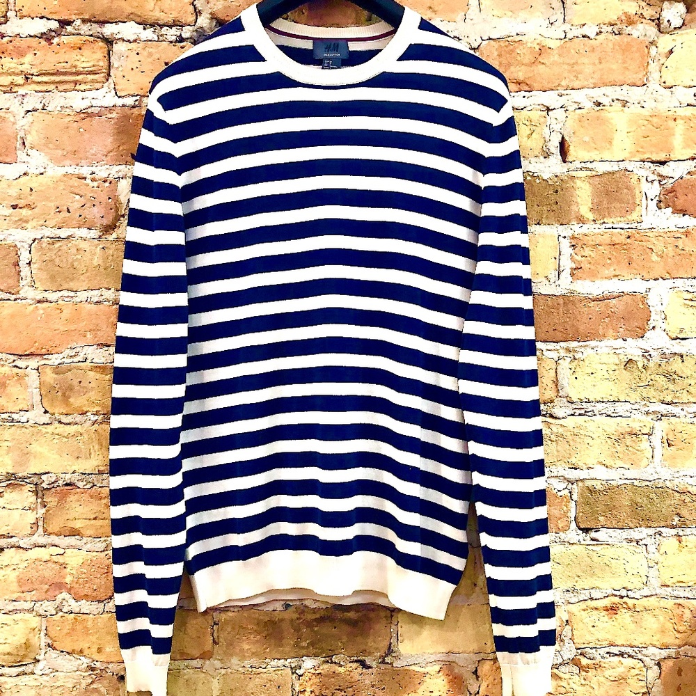 H&M Men's Fine Knit Nautical Striped Silk Sweater Medium - Picture 2 of 13